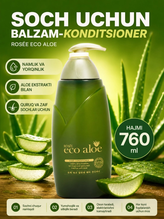 Koreya namlantruvchi soch konditsioneri Rosee eco aloe, 760 ml