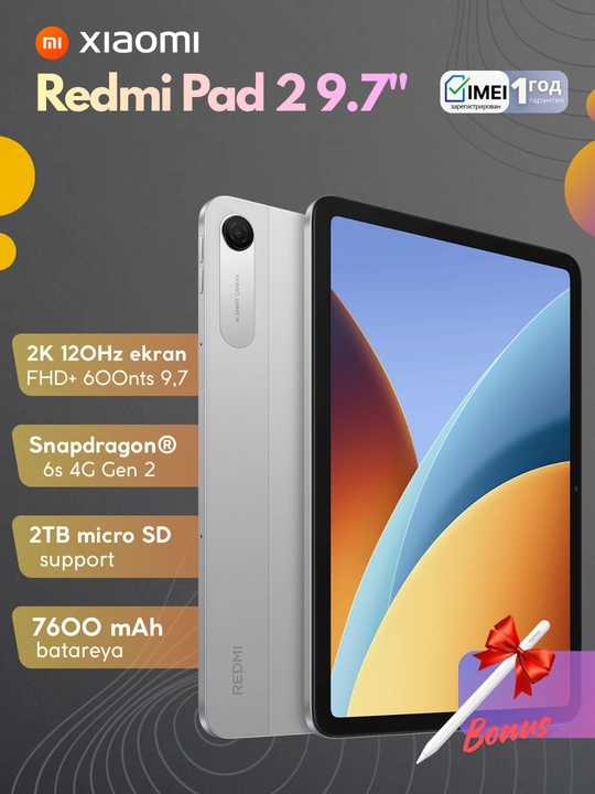 Planshet REDMI Pad 2,Bonus Steklo Chexol,9.7"Ekran,Snapdragon® 6s 4G Gen 2,2K,120Hz - 