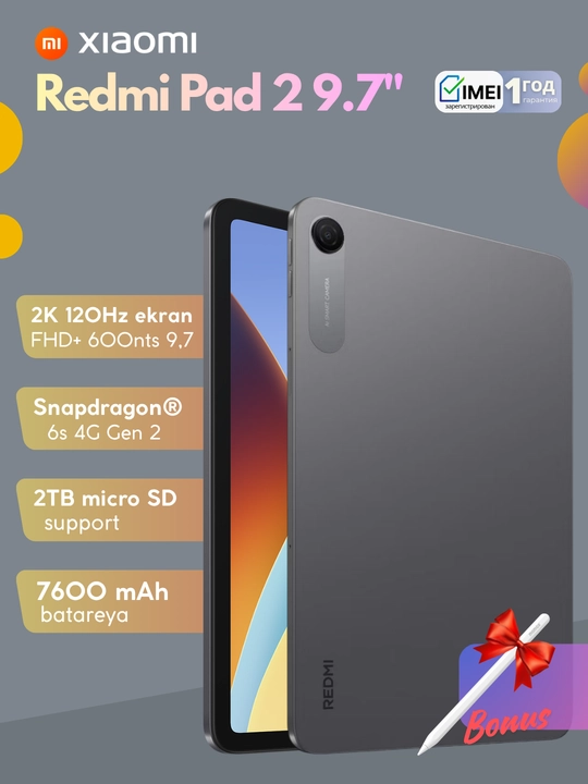 Planshet REDMI Pad 2,Bonus Steklo Chexol,9.7"Ekran,Snapdragon® 6s 4G Gen 2,2K,120Hz - 