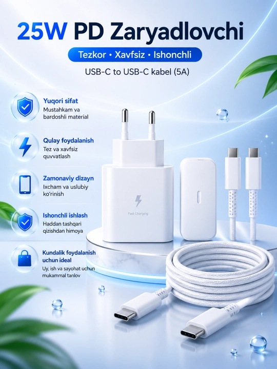 25W PD Tezkor Zaryadlovchi Adapter – USB-C 5A Kabel bilan Fast Charge Komplekti - 
