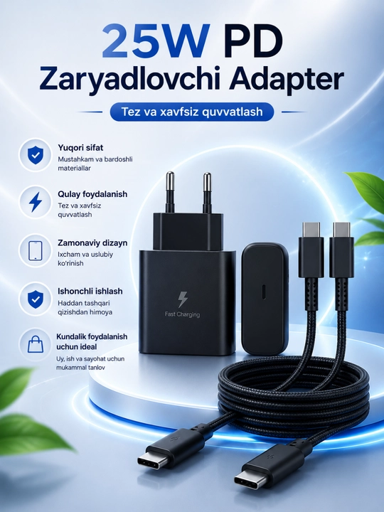 25W PD Tezkor Zaryadlovchi Adapter – USB-C 5A Kabel bilan Fast Charge Komplekti - 