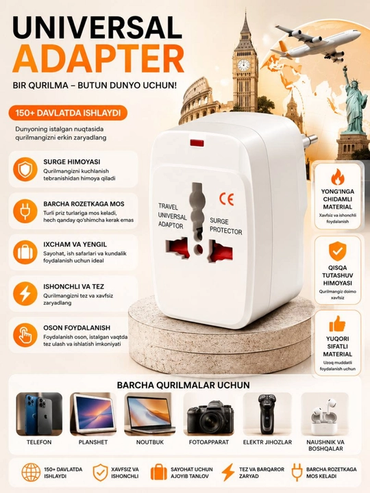 Universal adapter, evro va o'zb rozetka uchun, terminator, 16 A