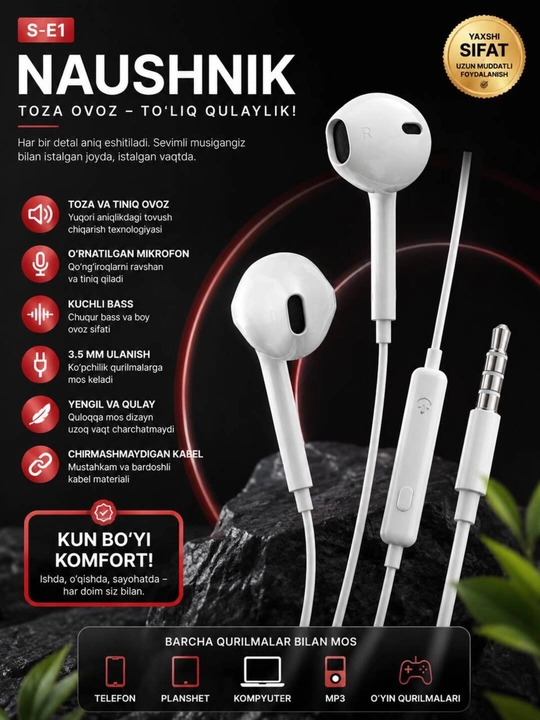 Simli quloqchinlar mikrafon va vakumsiz,Samsung, Redmi, XIOMI, HONOR va kompyuterlar uchun