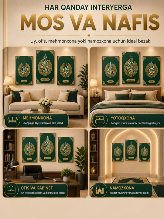 Oyatul Kursi, Ixlos, Naas kartinasi Islomiy devor bezagi 3 panel