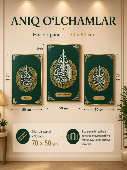 Oyatul Kursi, Ixlos, Naas kartinasi Islomiy devor bezagi 3 panel