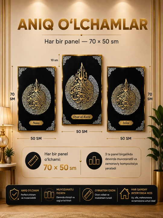 Oyatul Kursi, Ixlos, Naas kartinasi Islomiy devor bezagi 3 panel