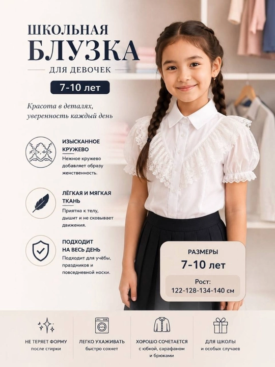 Школьная белая блузка для девочек, с кружевным воротником, для 7–10 лет