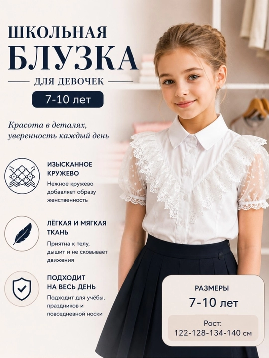 Школьная белая блузка для девочек, с кружевным воротником, для 7–10 лет