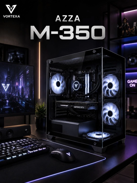 VORTEXA AZZA M-350 Mid Tower kompyuter korpusi, 4 ta ventilyatorli, qora