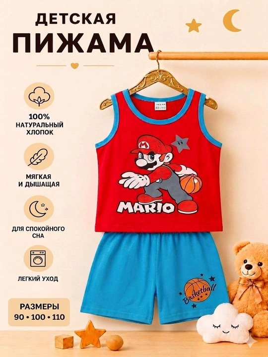 Bolalar yozgi pijama to'plami, 100% paxta, mayka va shortik, uyqu kiyimi, 80–110 razmer - 