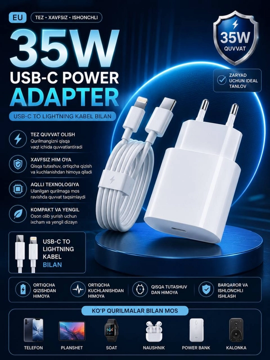 IPhone uchun zaryadlash qurilmasi, tez zaryadlovchi 35 Vt, Type-C dan Lightning kabel - 