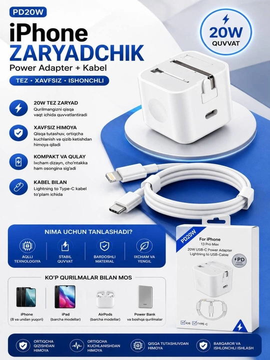 IPhone uchun zaryadchik, zaryadnik tez zaryadlovchi 20 Vt, Type-Cdan Lightning kabel bilan - 