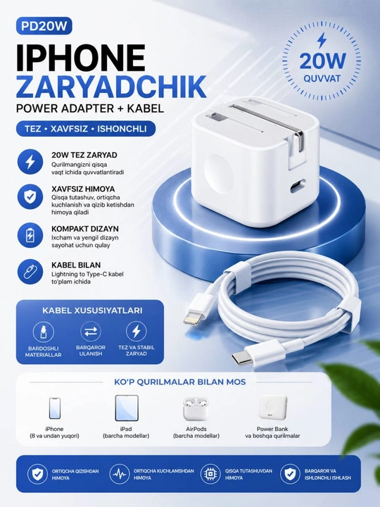 IPhone uchun zaryadchik, zaryadnik tez zaryadlovchi 20 Vt, Type-Cdan Lightning kabel bilan
