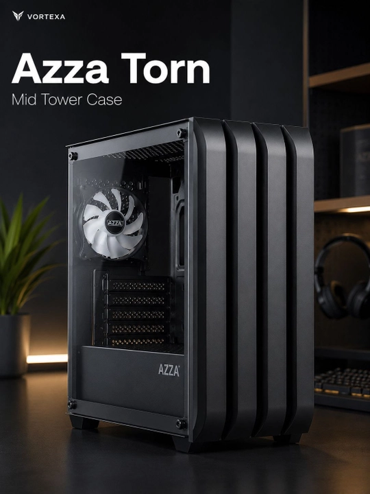 VORTEXA AZZA Torn Mid Tower kompyuter korpusi, qora, temperli shishali - 