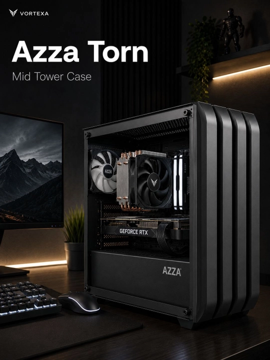 VORTEXA AZZA Torn Mid Tower kompyuter korpusi, qora, temperli shishali