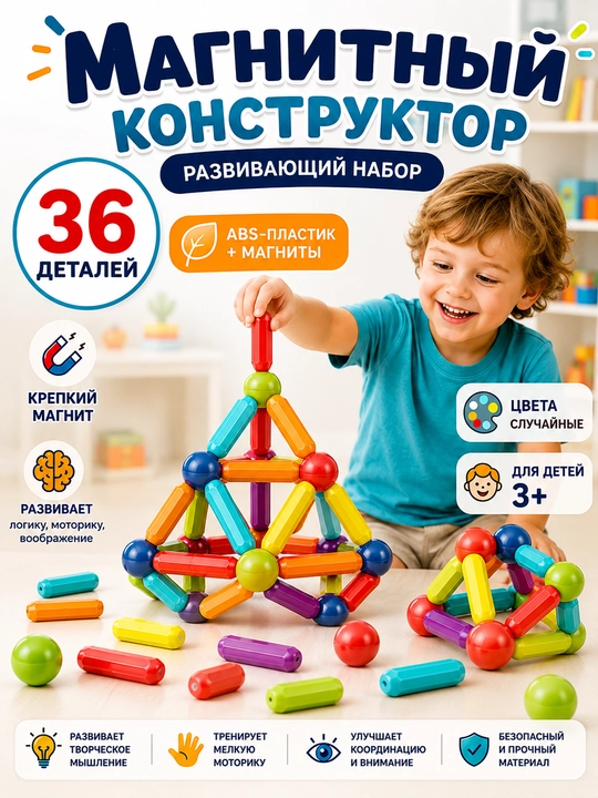 Bolalar uchun kuchaytirilgan magnit konstruktor, rivojlantiruvchi , 25 / 36 / 55 detal - 