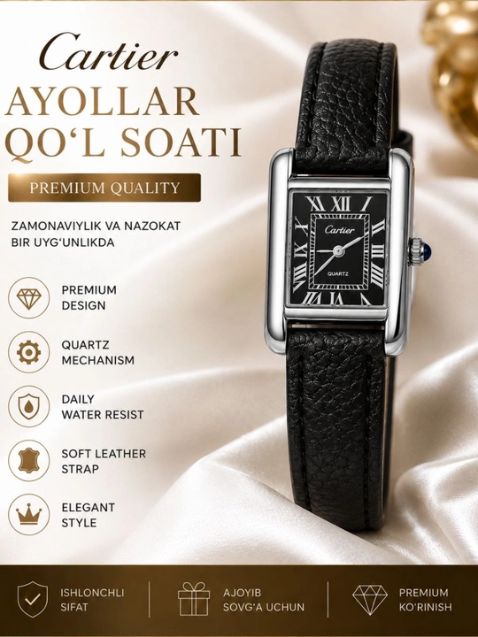 Cartier premium ayollar qo‘l soati quartz mexanizmli elegant charm remishok - 
