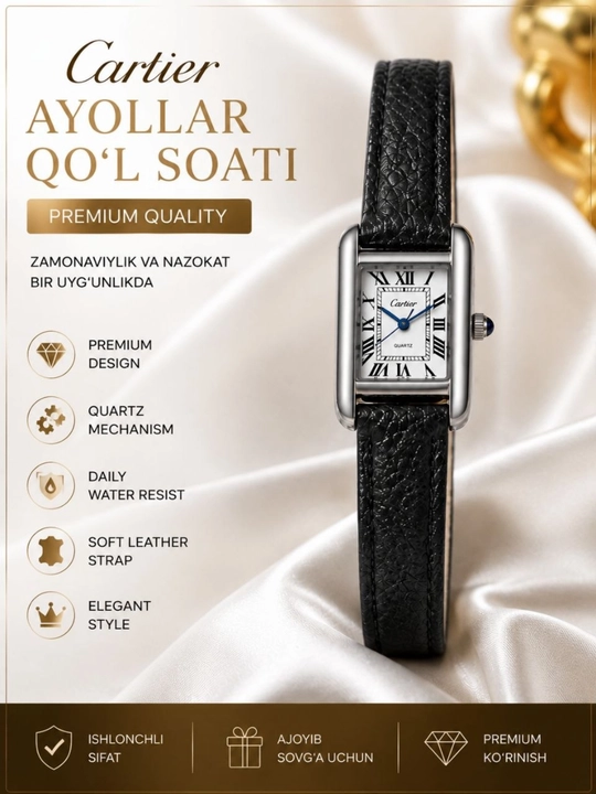 Cartier premium ayollar qo‘l soati quartz mexanizmli elegant charm remishok - 