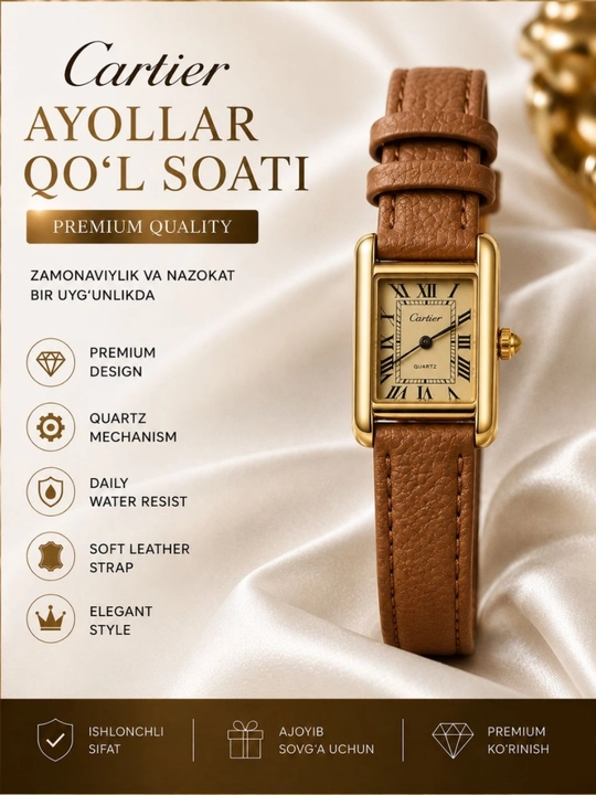 Cartier premium ayollar qo‘l soati quartz mexanizmli elegant charm remishok - 