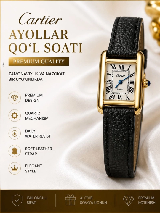 Cartier premium ayollar qo‘l soati quartz mexanizmli elegant charm remishok - 