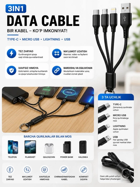 120W 3 tasi 1 da tez zaryadlovchi kabel Type-C/ Lightning/ MicroUSB, metall uchi