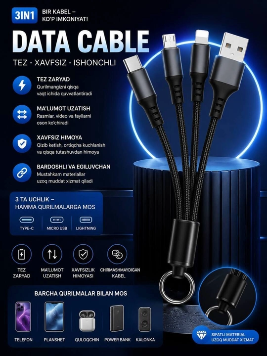 120W 3 tasi 1 da tez zaryadlovchi kabel Type-C/ Lightning/ MicroUSB, metall uchi - 