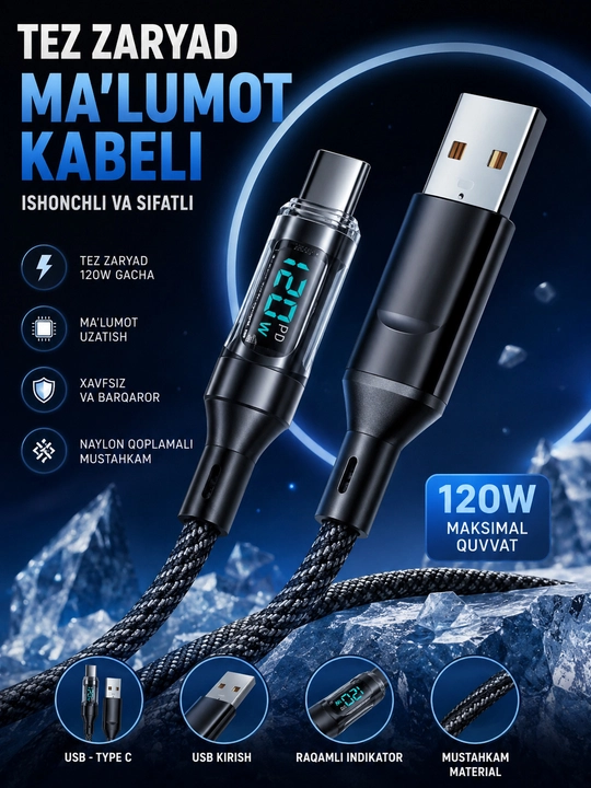 Tez zaryadlanuvchi USB Type-C uchi yonadigan USB-type - 