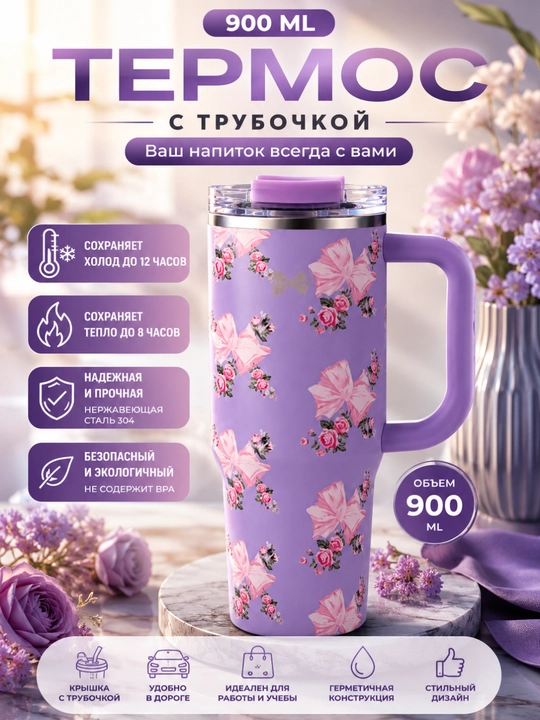 Термос Термокружка 900 мл, трубчатая, нержавеющая сталь СУС304 - 