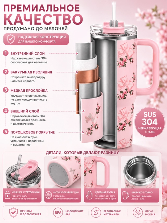 Termos 900 ml trubkali, SUS304 zanglamaydigan po'lat termokrujka