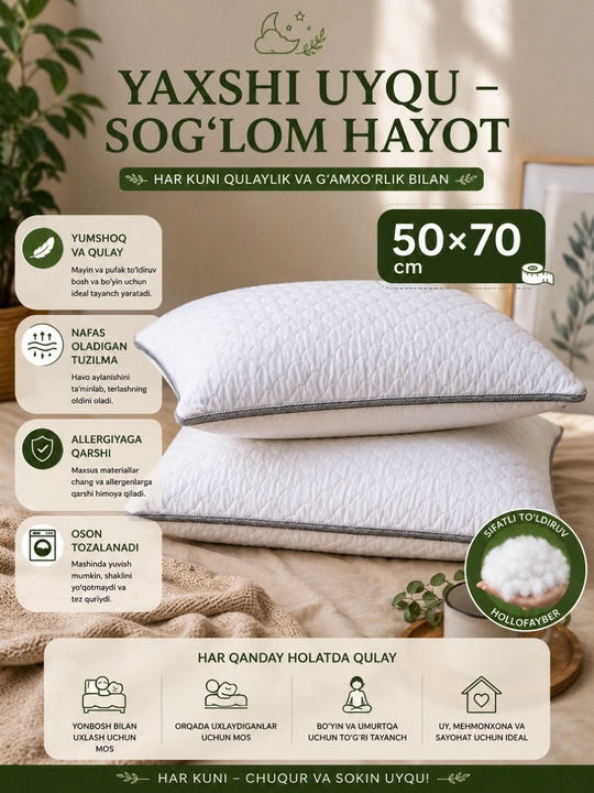 Yotoq uchun yostiq 50×70 sm, yumshoq, gipoallergen, hollofayberli, uyqu uchun - 