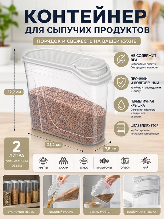 Контейнер для хранения сыпучих продуктов, круп и специй, 1-1,5-1,7-2-2,3 л
