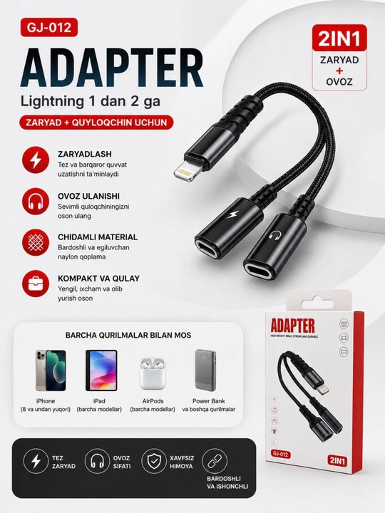 Lightning dan 3.5 mm AUX ga adapter, naushniklar uchun, oq rangda - 