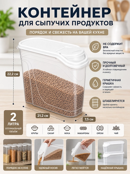 Контейнер для хранения сыпучих продуктов, круп и специй, 1-1,5-1,7-2-2,3 л