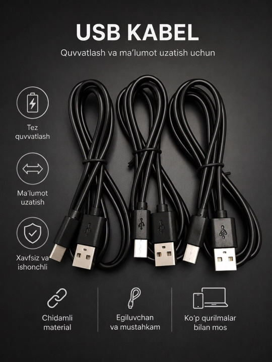 USB quvvatlash va ma'lumot uzatish kabeli, USB-A dan Type-C / Micro USB / Lightning, - 