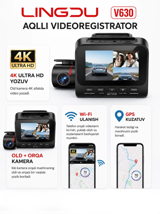 LINGDU V630 4K Ultra HD Black Box Dash Kamera (Old, Salon, Orqa), GPS, Wi-Fi, tun ko‘rish
