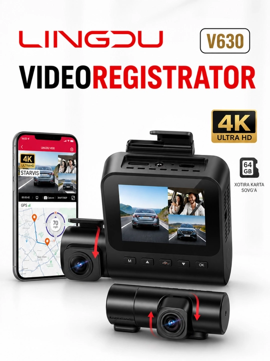 LINGDU V630 4K Ultra HD Black Box Dash Kamera (Old, Salon, Orqa), GPS, Wi-Fi, tun ko‘rish