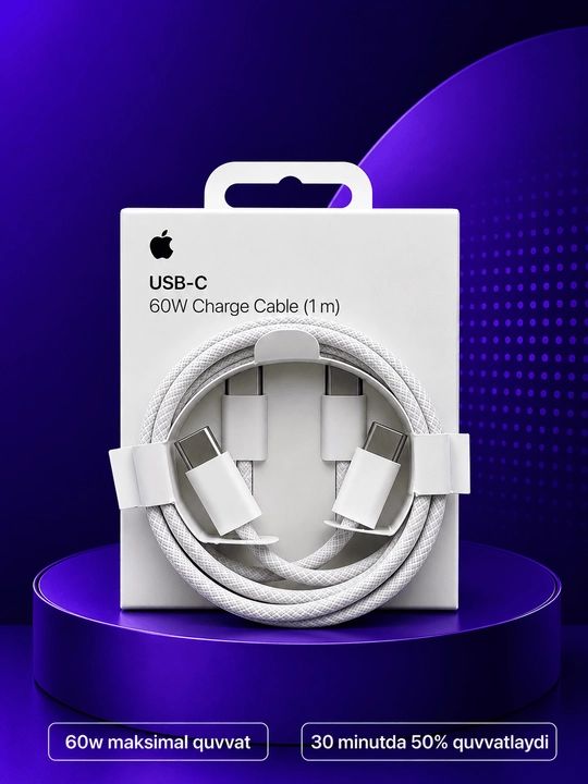IPhone va Android uchun Type-C to Type-C zaryadlash kabeli,60W
