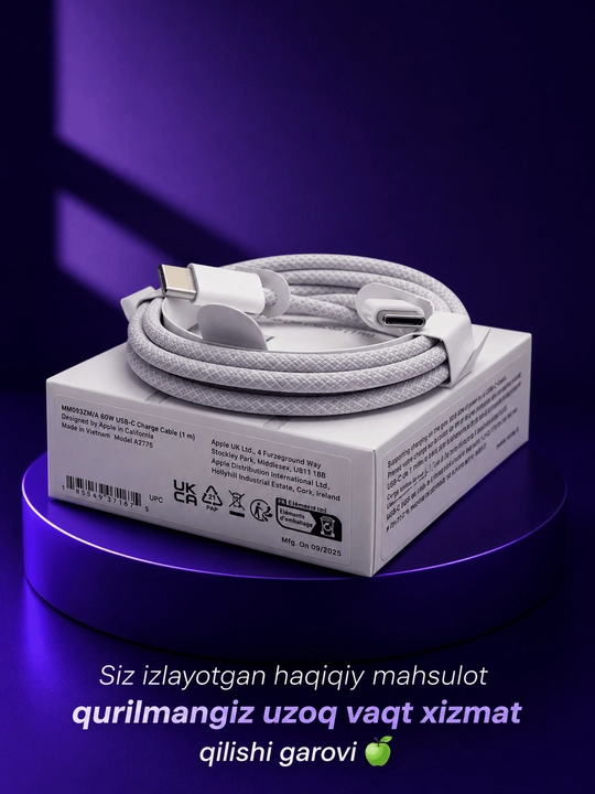 IPhone va Android uchun Type-C to Type-C zaryadlash kabeli,60W