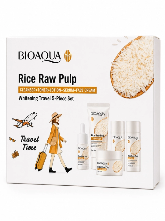BIOAQUA Rice Raw Pulp Travel Kit, 5 bosqichli yuz parvarish to‘plami - 