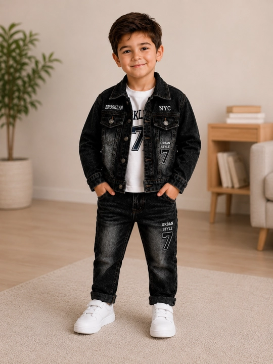 Bolalar uchun jinsi (denim) kiyim to‘plami – kurtka, futbolka va shim - 