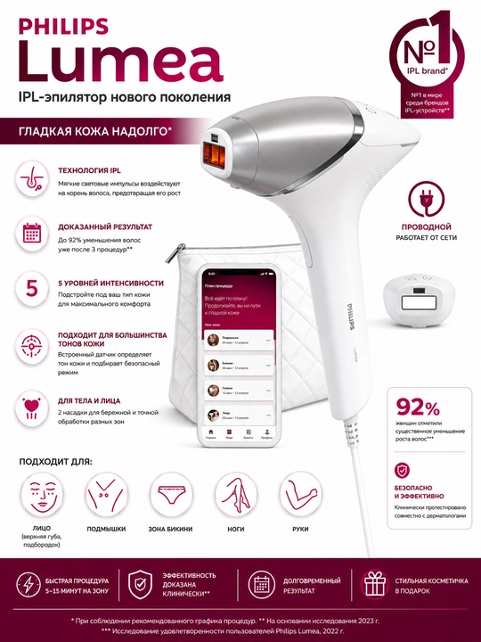 Фотоэпилятор Philips Lumea 8000 BRI940 домашний лазерный эпилятор для тела с датчиком кожи - 