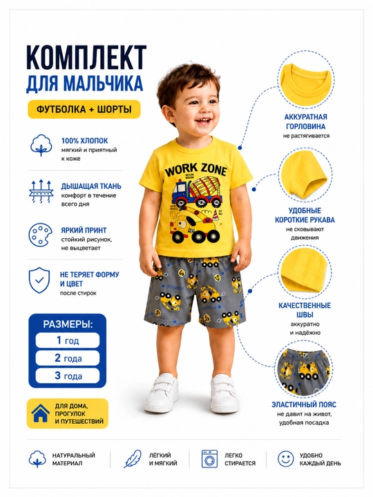 Комплект для мальчика футболка и шорты хлопок летний 1–3 года
