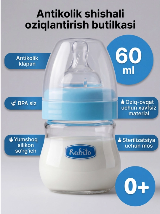 Rabito shisha bolalar butilkasi 60 ml, keng og‘izli, silikon soskali, chaqaloqlar uchun - 