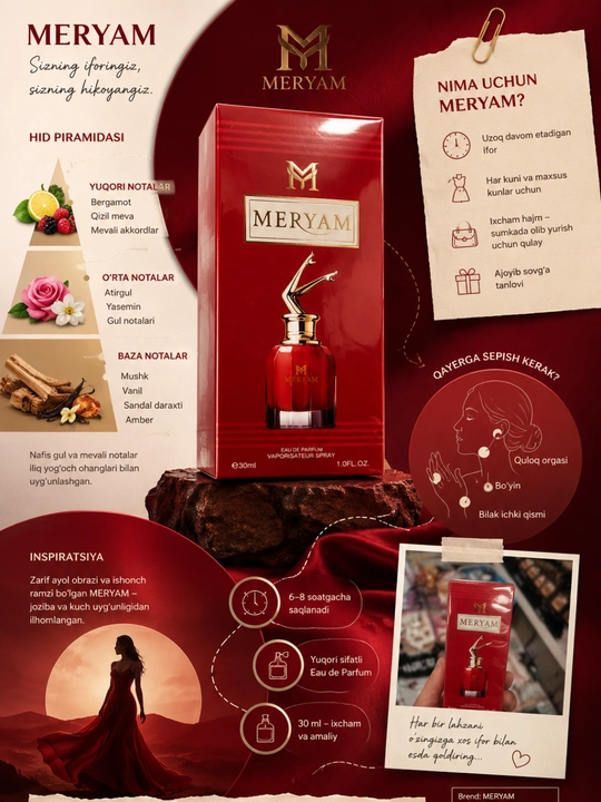 MERYAM Eau De Parfum 30 ml – Ayollar uchun nafis va uzoq saqlanuvchi atir - 
