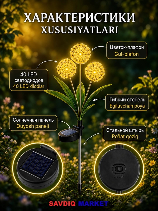 Bog' uchun quyosh batareyali fonar — svetodiodli ko'cha chirog'i, to'plam 2 dona