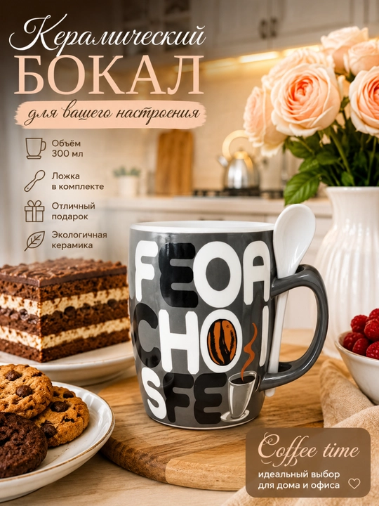 Керамическая кружка с ложкой 300 гр - 