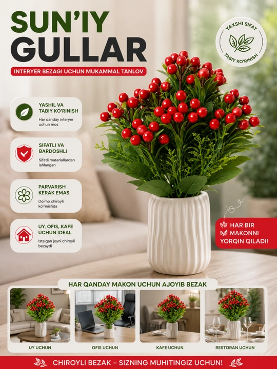 Suniy gullar, bezaklar, interyer elementlari, dekorativ gullar, sovg‘a gullari
