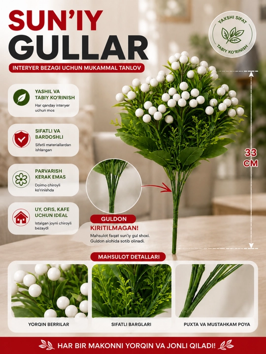 Suniy gullar, bezaklar, interyer elementlari, dekorativ gullar, sovg‘a gullari - 