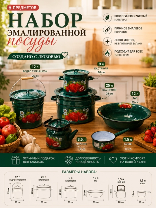 Набор Эмалированных посуды 6 шт - 