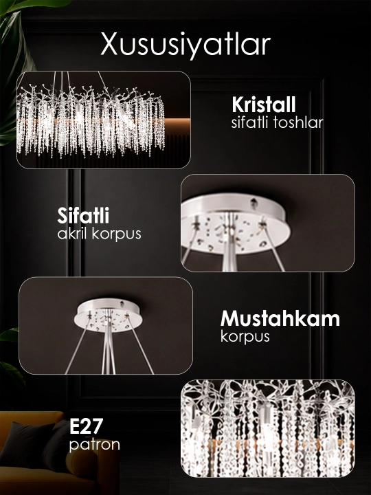 Lyustra osma, osma qandil xrustal, 2 xil o'lchamda lustra, zal va oshxona uchun qandilar